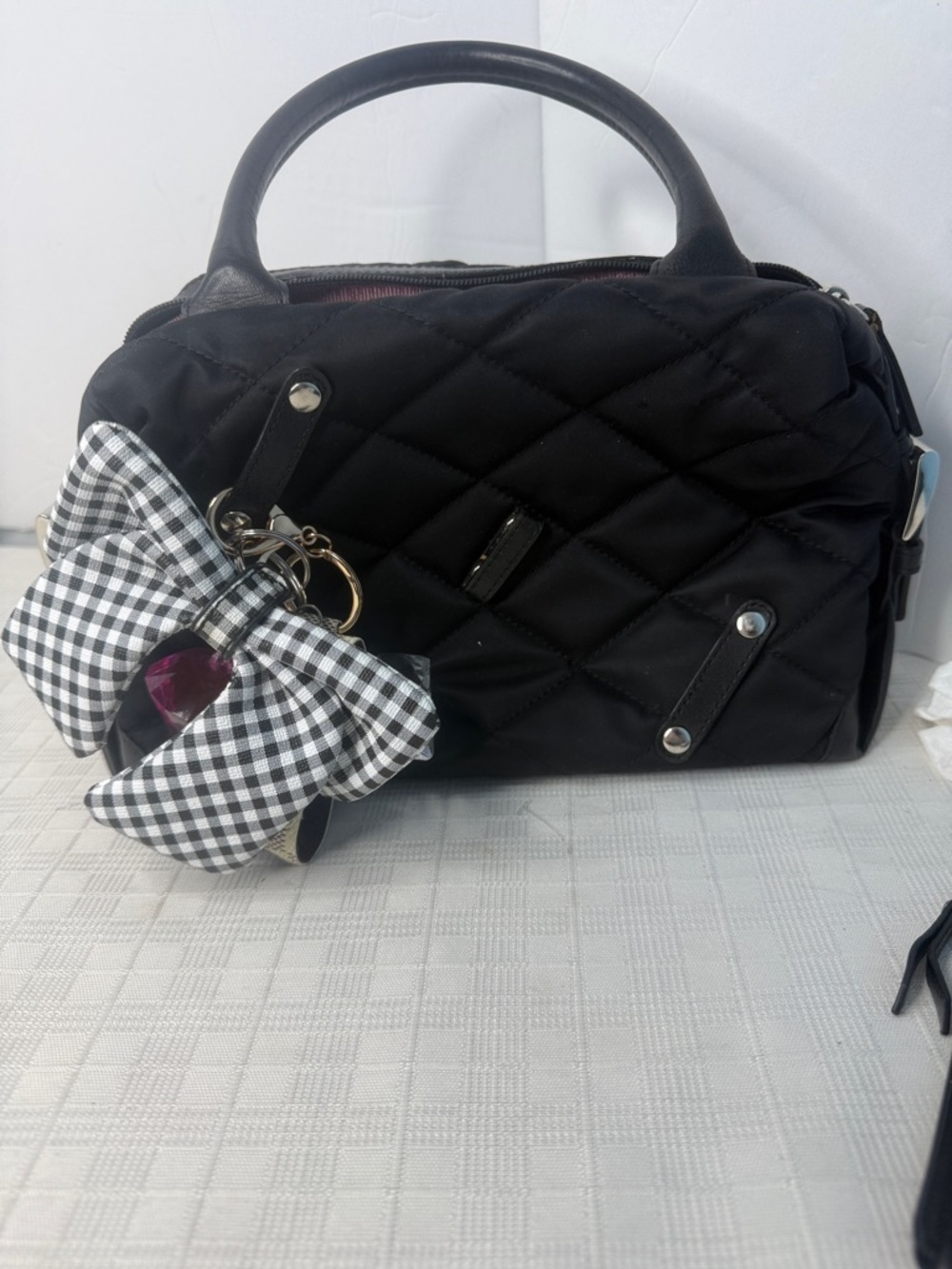 My flat in London Quilted Handbag with Black & White Gingham Bow Accent
